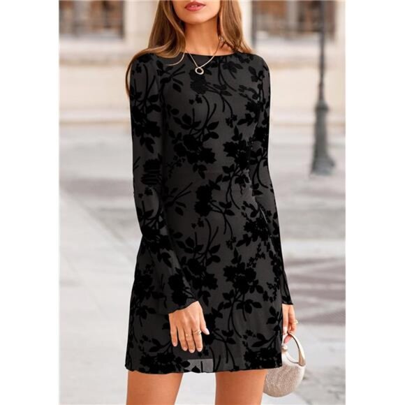 Women's Fashion Floral Long Sleeve Mini Dress Black - Picture 1 of 6